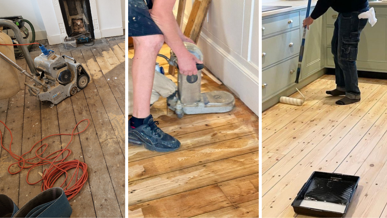Three-stage Wood Floor Sanding sequence on pine floorboards in a Stamford Hill home: drum sanding, edge sanding, and final coat application.