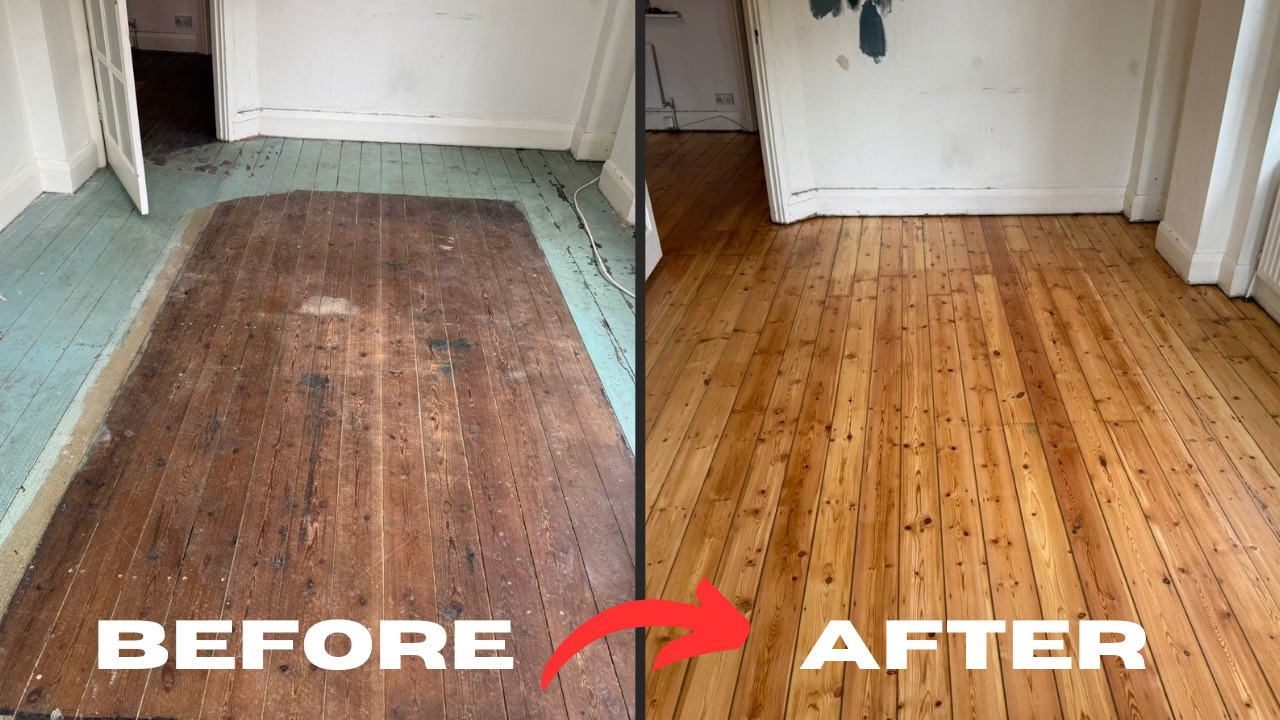 Before and after Wood Floor Sanding of original pine floorboards in a Stamford Hill living room.
