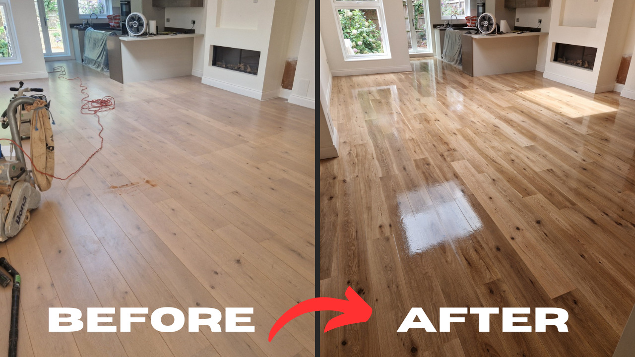 Before-and-after of Hardwood Floor Refinishing in Stamford Hill on engineered oak hardwood planks, showing dust-free sanding and a clear satin/gloss protective finish.