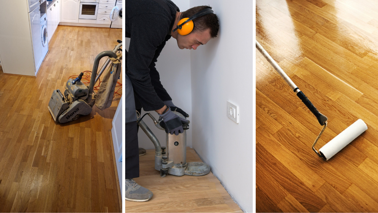 Hardwood Floor Refinishing in Stamford Hill on a solid oak strip hardwood kitchen floor—drum sanding, precision edging, and roller-applied clear lacquer.