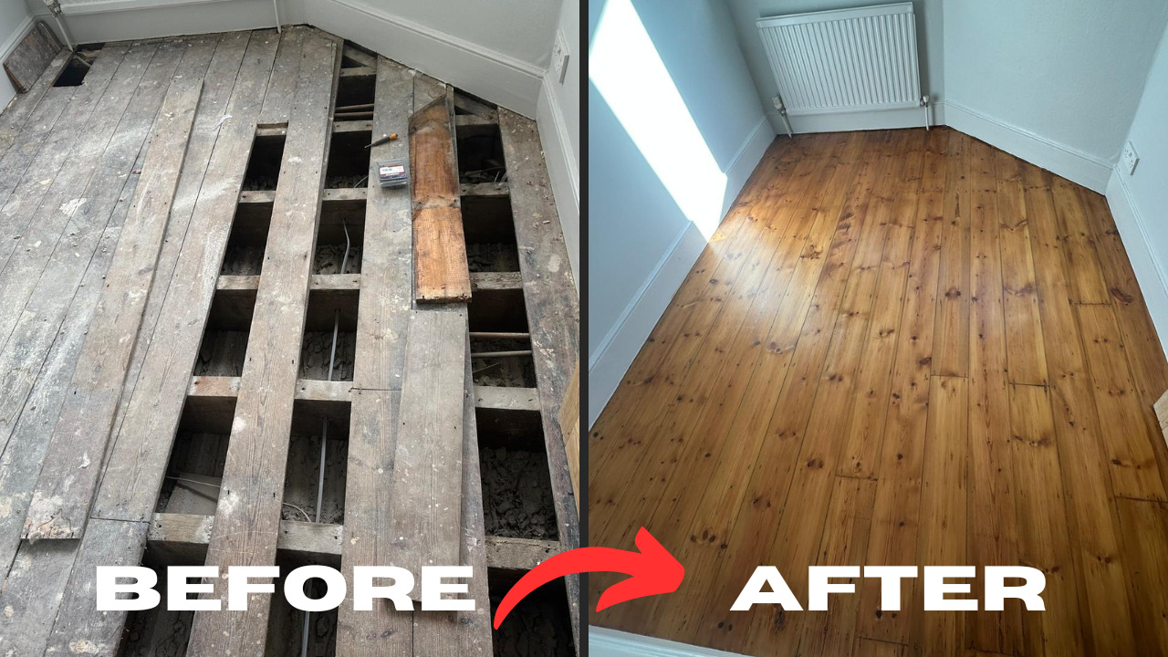 Before-and-after of Hardwood Floor Refinishing in Stamford Hill on Victorian pine floorboards (softwood)—structural repairs, sanding, and a warm sealed finish.