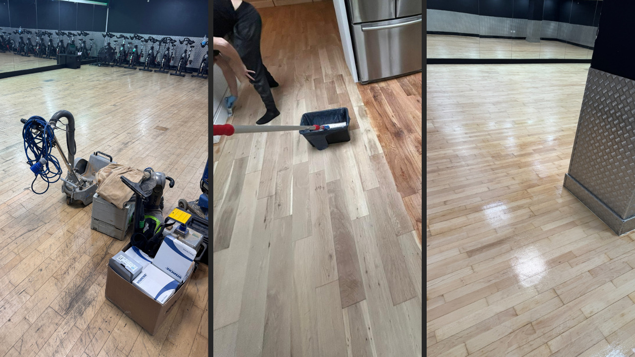 Commercial Floor Sanding in Stamford Hill transforming a worn maple strip hardwood gym studio floor into a smooth, freshly lacquered surface with a bright, clean finish.
