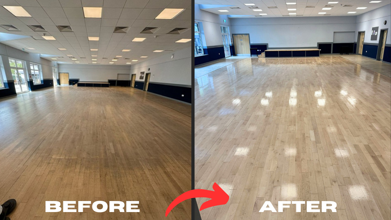 Before and after Commercial Floor Sanding in Stamford Hill, showing a large maple strip hardwood hall floor restored from dull and worn to a smooth, glossy, freshly lacquered finish.