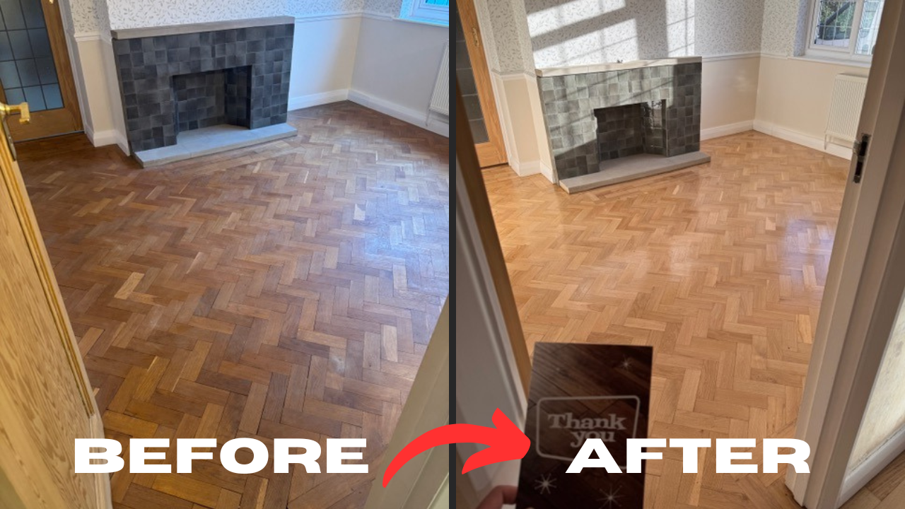 Before and after Parquet Floor Sanding in Stamford Hill on a herringbone oak parquet floor, showing a dull worn surface restored to a smooth, bright finish.