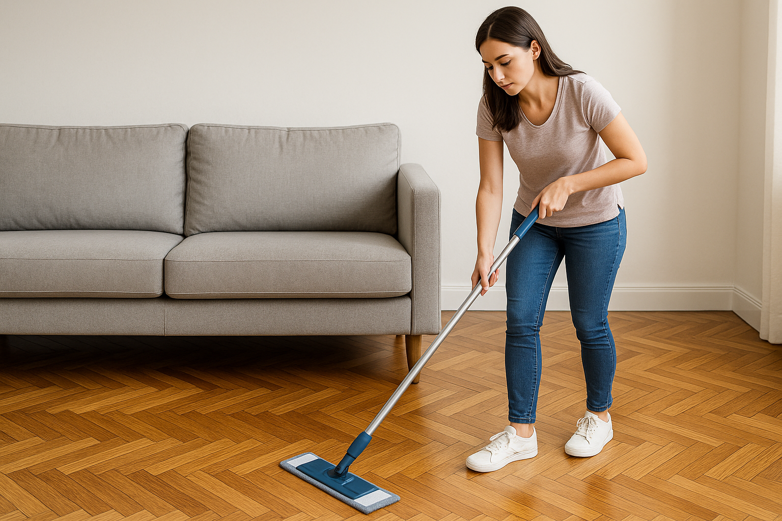 Parquet Floor Sanding in Stamford Hill aftercare on an oak herringbone parquet floor, showing gentle cleaning with a microfibre mop to protect the finish.