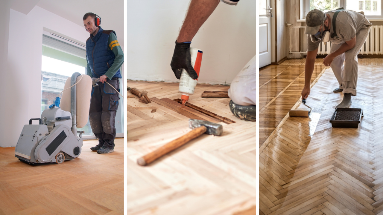 Parquet Floor Sanding in Stamford Hill process on an oak herringbone parquet floor, showing sanding, block repair with adhesive, and finishing coat application.