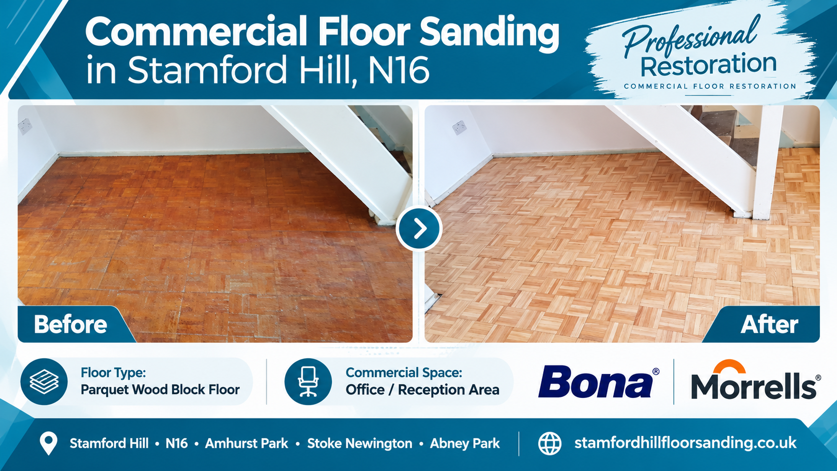 Before and after commercial parquet wood block floor sanding and restoration in Stamford Hill N16, showing a worn wooden floor transformed into a smooth, natural finish in an office or reception area.