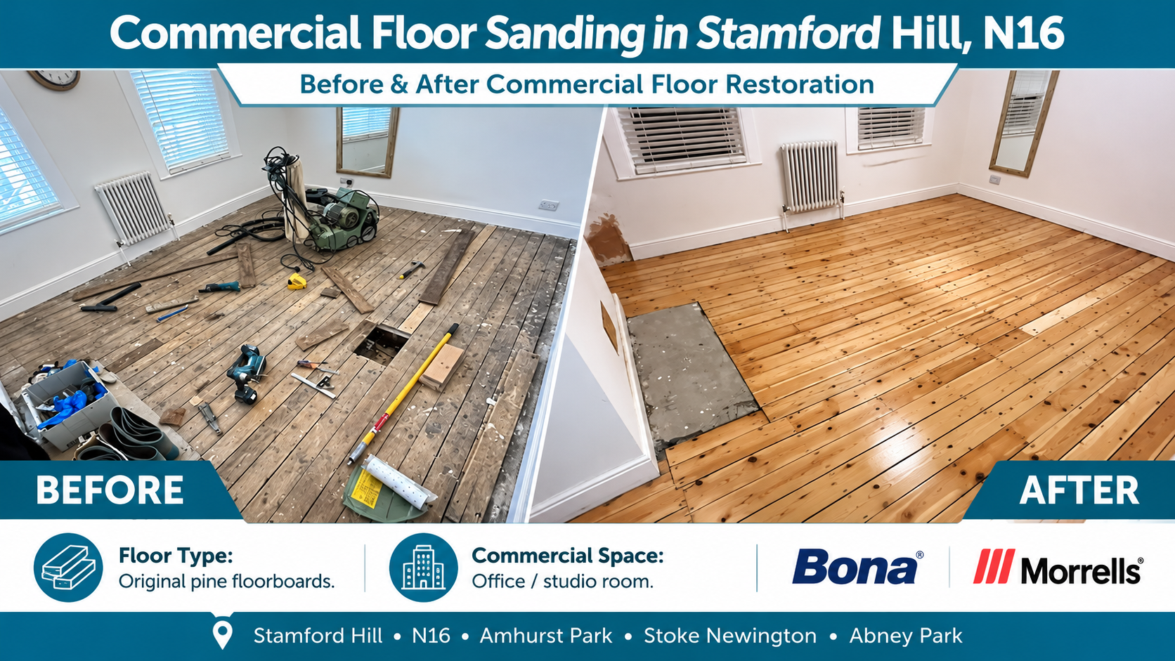 Before and after commercial pine floor sanding in Stamford Hill N16, showing original wooden floorboards restored with a smooth, polished finish in an office or studio space.